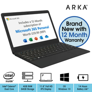 ARKA Book Laptop 11.6 inch Windows 10 FHD Intel Celeron Dual Core 4GB RAM 64GB